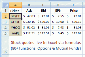 stock quotes in excel marketxls - apps